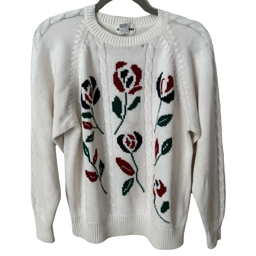 Vintage Floral Knit Chunky Cottagecore White Sweater Medium Whimsy
